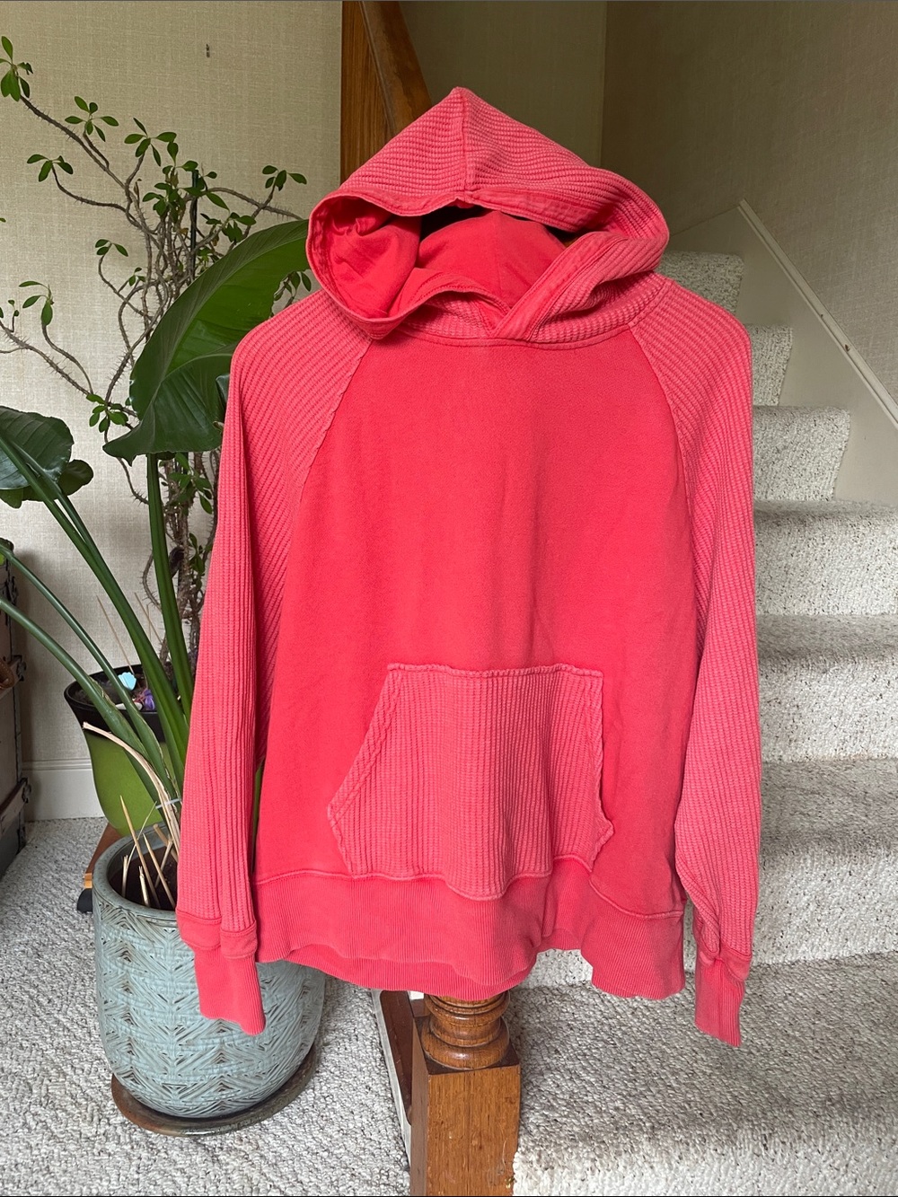 aerie Coral Red Essential Crewneck Waffle Hoodie Sweater